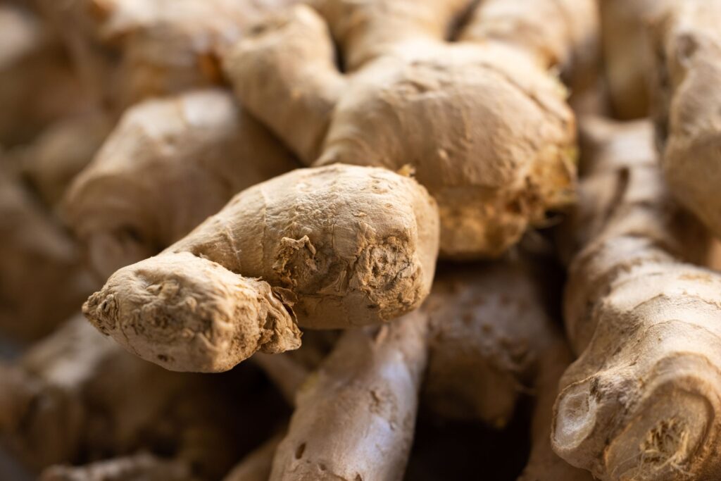 Detailed view of fresh raw ginger roots, showcasing texture and earthy tones. Ideal for food themes.